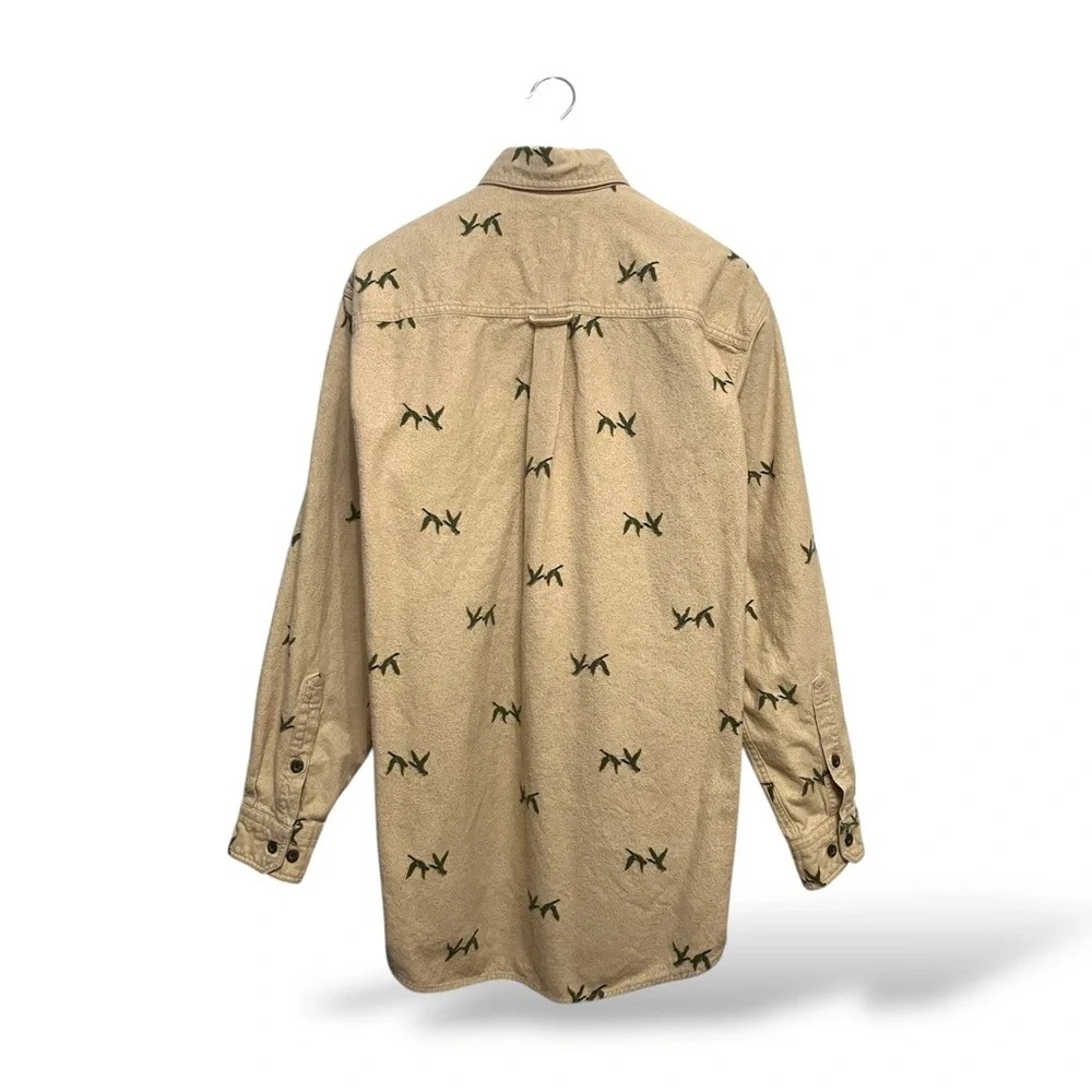 Woolrich Tan Button-Up Shirt with Green Pattern, Large